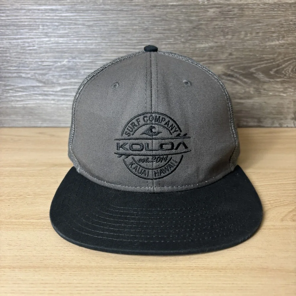 Koloa Surf Company Hat Cap Snap Back Gray Black Trucker Mesh Embroidered Mens